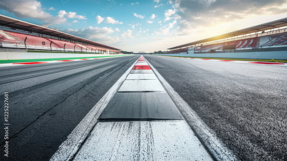 Fototapeta premium image captures racetrack with clear view of asphalt surface, tire marks, and grandstands under bright sky. scene evokes sense of speed and excitement