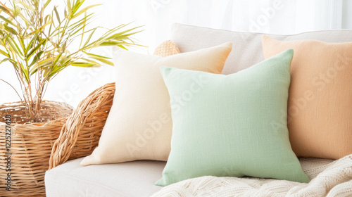 Cozy sofa with decorative pillows in pastel colors and plant