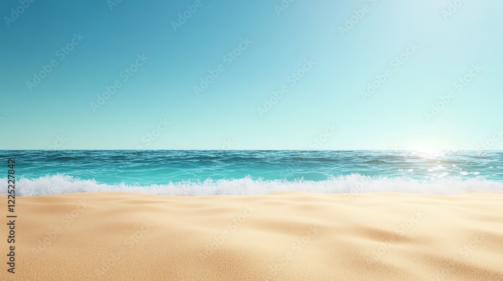 Fototapeta premium Tropical beach, turquoise waves rolling onto golden sand, 3D illustration