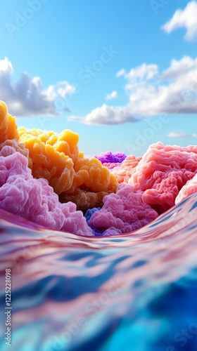 Tropical reef, waves breaking over colorful coral, 3D illustration photo