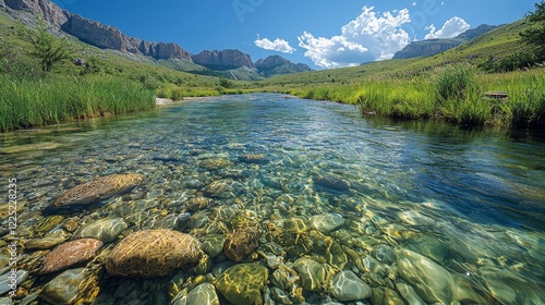 A serene river meandering through lush green terrain, surrounded by majestic mountains and a clear blue sky photo