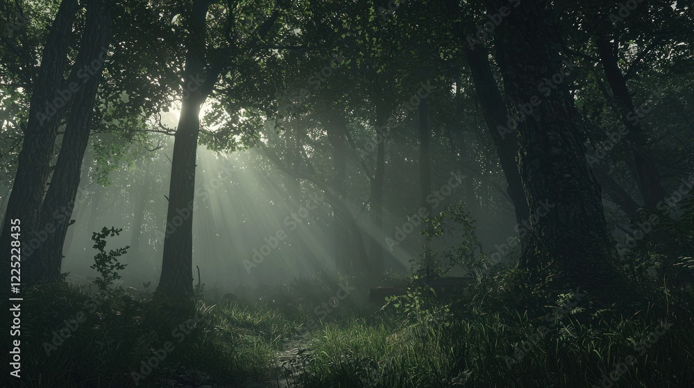 Sunbeams pierce through a misty, green forest. Sunbeams pierce through a misty, green forest.