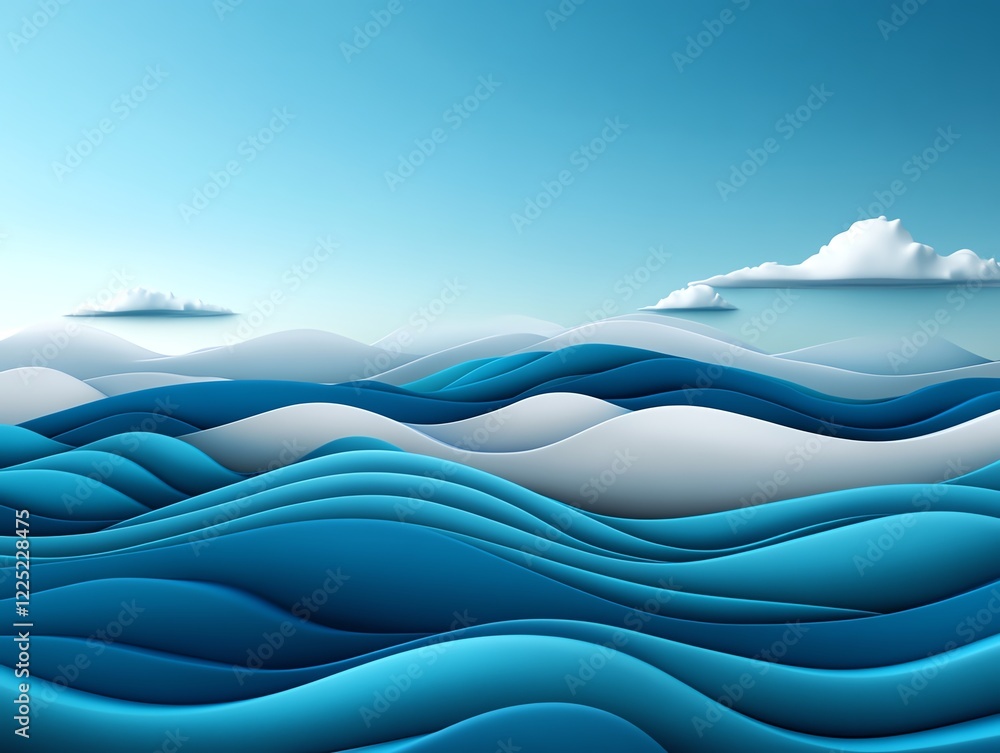 Vast seascape, layers of waves and distant clouds, 3D illustration Vast seascape, layers of waves and distant clouds, 3D illustration