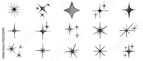 Hand drawn star sparkle shine of doodle set.Vector chalk graphic elements Charcoal pen drawn star shine glow, spark glitter, sparkle light.  vector illustration white background