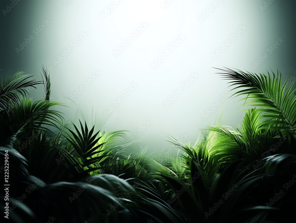 Naklejka premium Fantasy jungle, glowing tropical plants in mist, 3D illustration