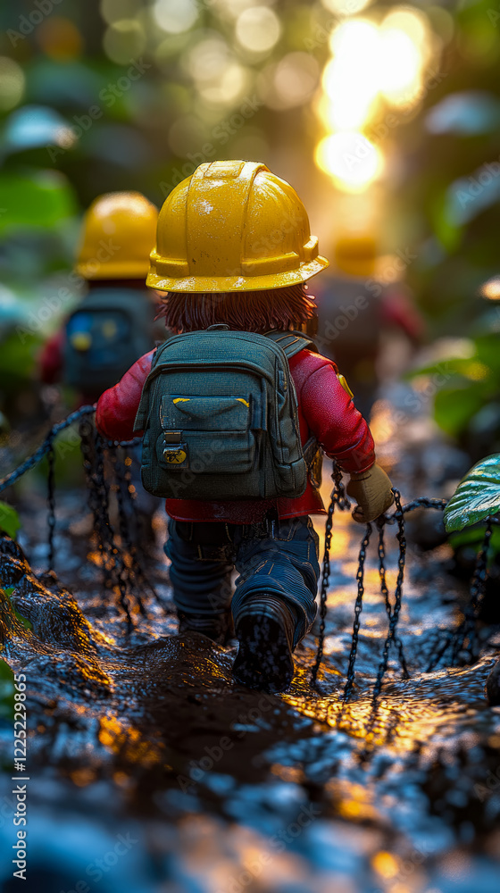 Fototapeta premium Miniature Figures Crossing a Stream at Sunset