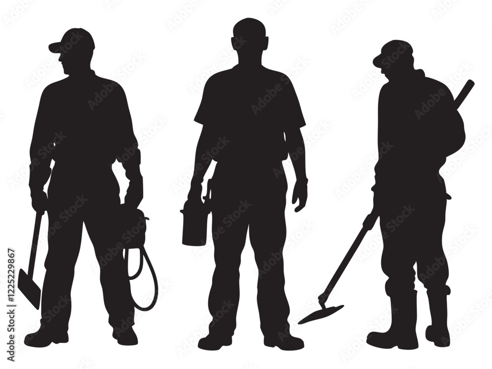 black Silhouette vector of a group of labor men are standing with tools, Labor Day vector silhouette with white background black Silhouette vector of a group of labor men are standing with tools, Labor Day vector silhouette with white background