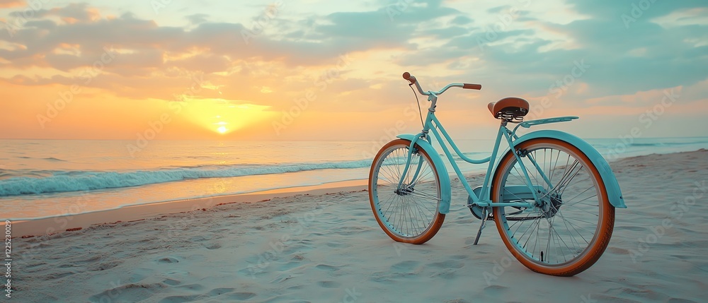 Fototapeta premium Blue retro bicycle parked on sandy beach at sunset, tranquil ocean background, vintage style, soft pastel colors, travel lifestyle vibe, highdetail, 8K resolution