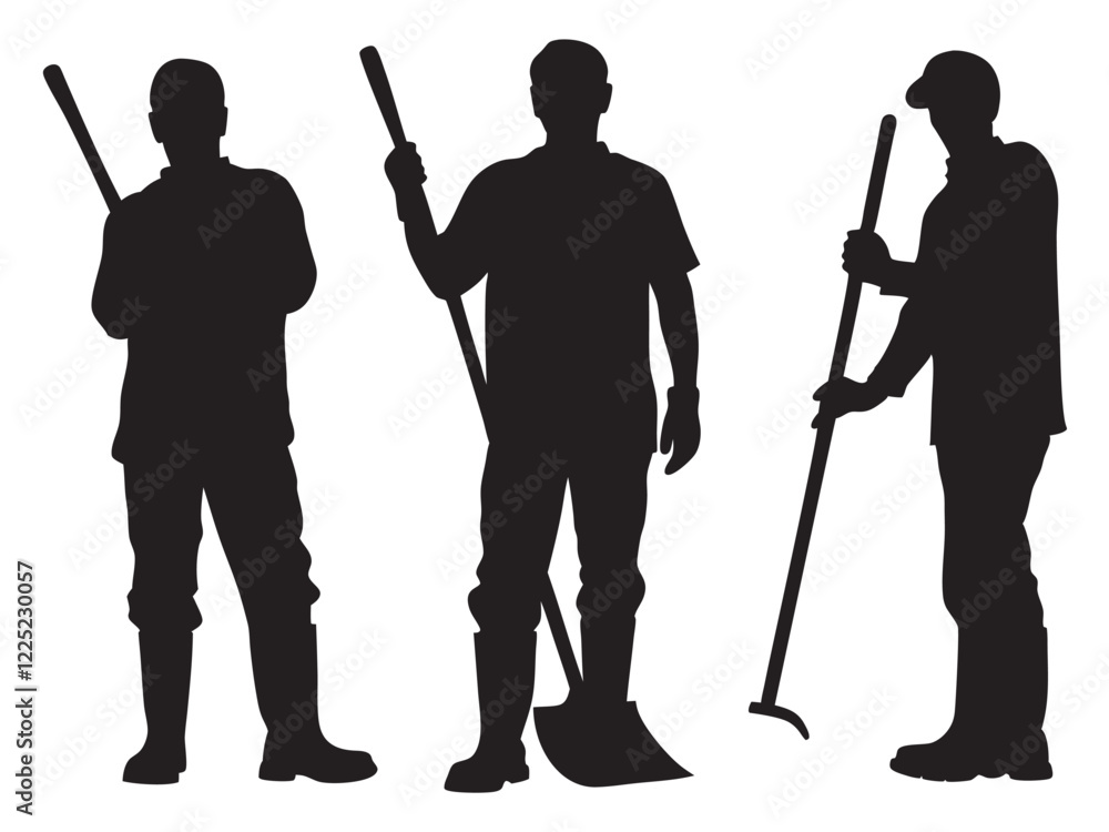 black Silhouette vector of a group of labor men are standing with tools, Labor Day vector silhouette with white background black Silhouette vector of a group of labor men are standing with tools, Labor Day vector silhouette with white background