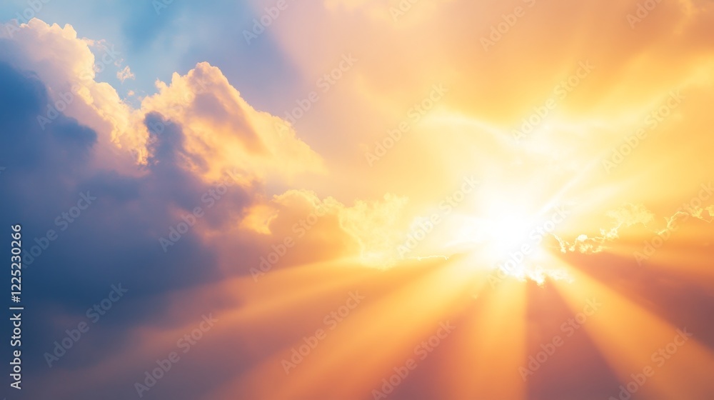 Majestic sunrise illuminating the clouds with golden rays over a tranquil landscape, evoking peace Majestic sunrise illuminating the clouds with golden rays over a tranquil landscape, evoking peace