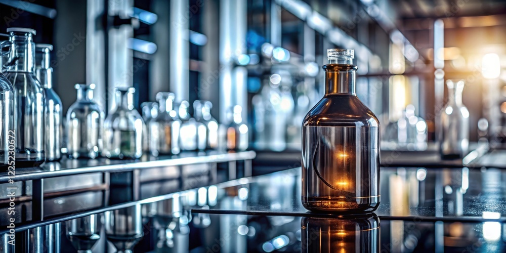 A single dark amber bottle rests on a sleek, reflective surface in a modern laboratory setting, surrounded by a variety of glass containers. A single dark amber bottle rests on a sleek, reflective surface in a modern laboratory setting, surrounded by a variety of glass containers.