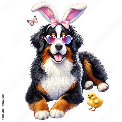 Bernese Mountain Dog wearing pink bunny ears, a bow, and heart-shaped sunglasses, lying next to a yellow chick and a pink butterfly on a clean white background.
