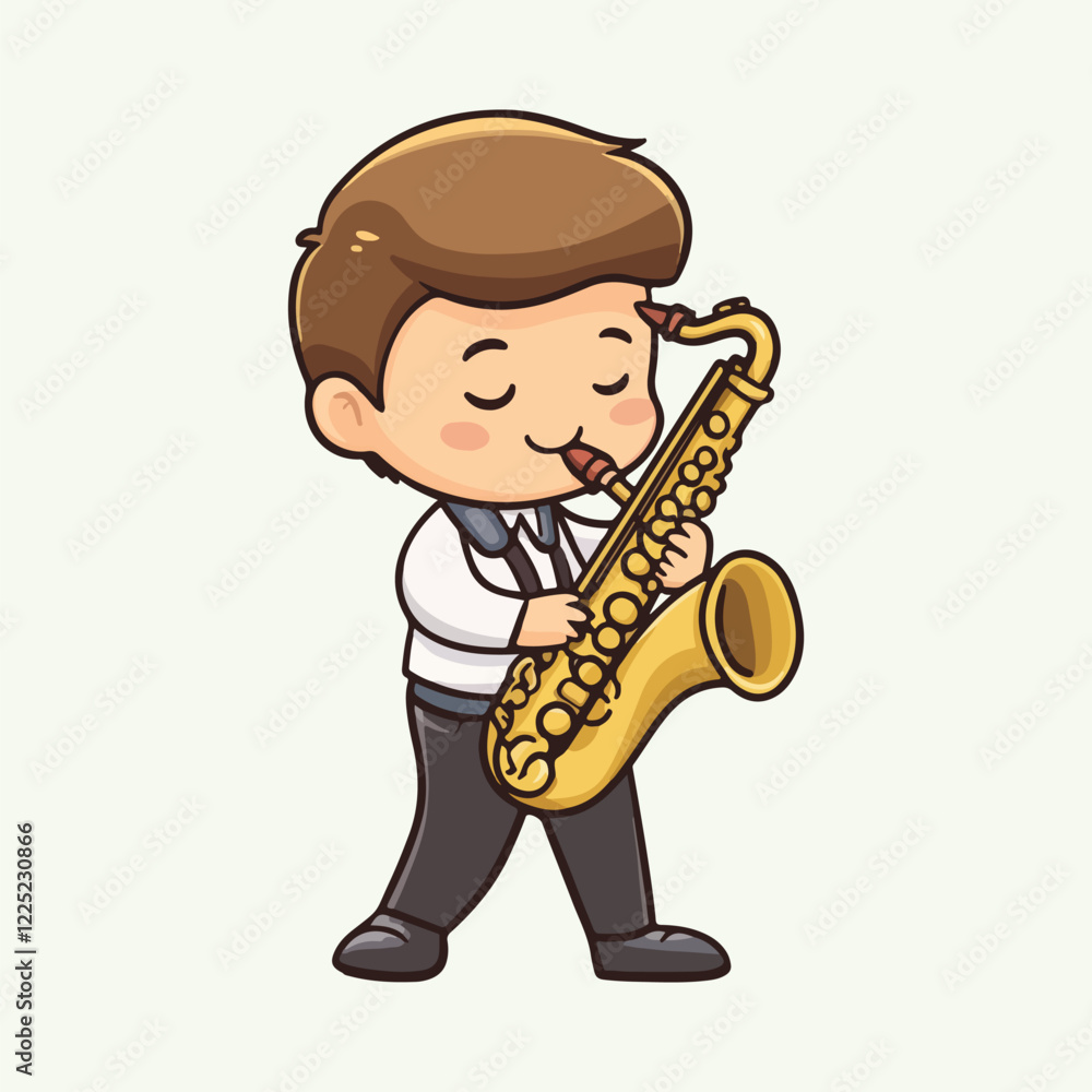 Naklejka premium Cute cartoon Boy Playing Saxophone vector illustration 