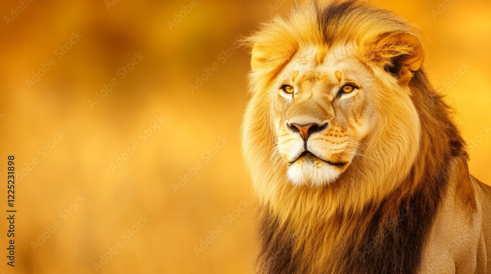Majestic lion gazing into the distance against a vibrant golden background in a natural setting Majestic lion gazing into the distance against a vibrant golden background in a natural setting