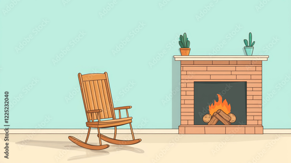 Fototapeta premium wooden rocking chair beside cozy fireplace with plants