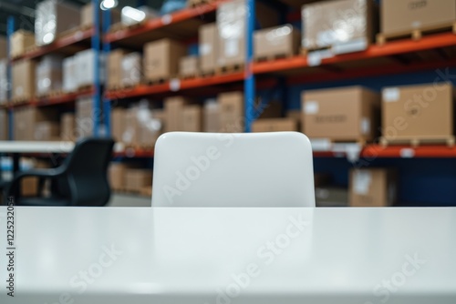 Wallpaper Mural A Simple White Chair Positioned at a Table in a Warehouse Filled with Cardboard Boxes on Shelving Units in the Background, Symbolizing a Work Environment Torontodigital.ca