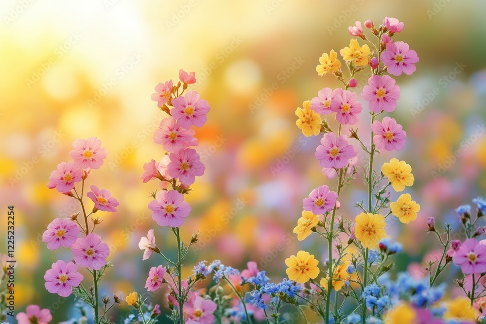 Vibrant Pink And Yellow Flowers In A Sunny Field Vibrant Pink And Yellow Flowers In A Sunny Field