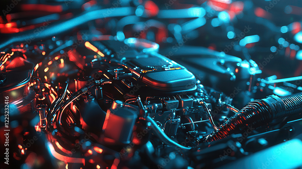 close up view of car engine showcasing intricate details and vibrant lighting, highlighting technology and design elements