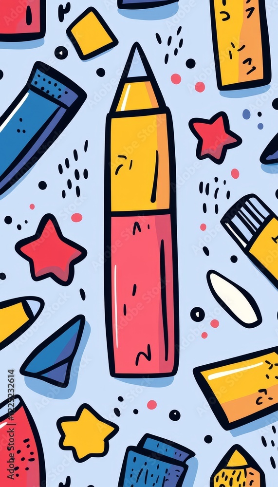 Fototapeta premium Seamless Pattern Of Colorful Hand Drawn Doodle Style Back To School Supplies With Pencil