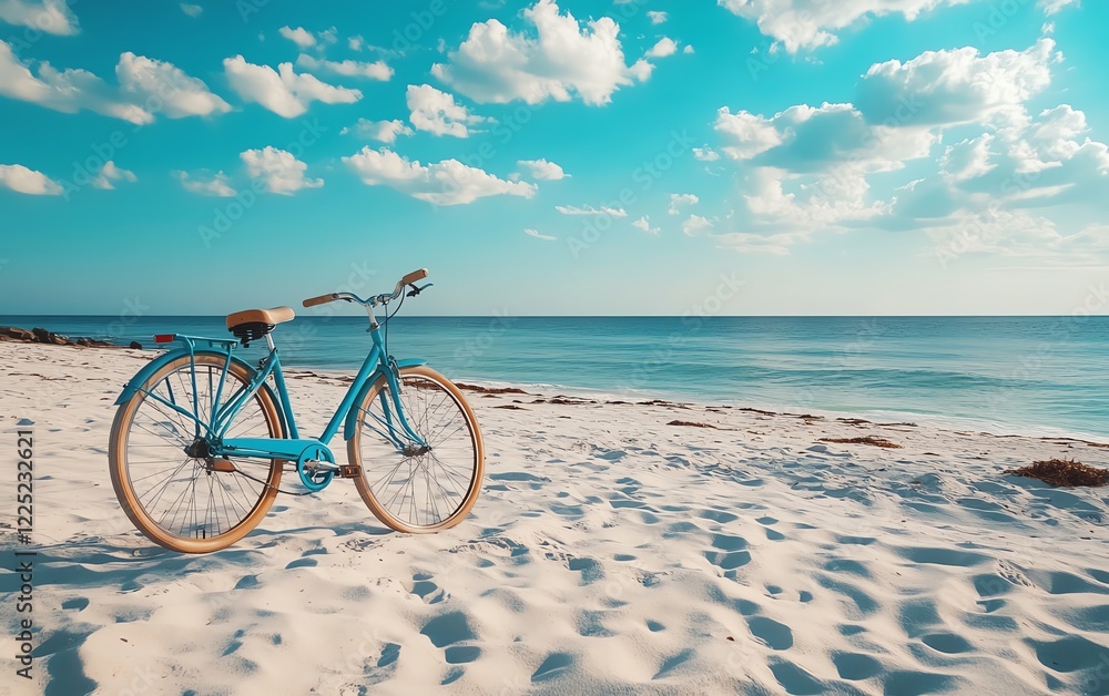Fototapeta premium Retro blue bicycle resting on beach sand, peaceful beachside scene, ocean breeze, vintage travel lifestyle, cinematic lighting, highdefinition, sunkissed tones