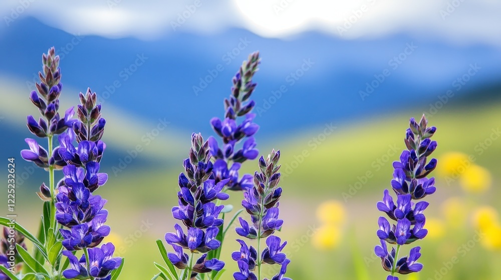 Fototapeta premium Vibrant purple lupine flowers in a lush green field with mountains in the background under a bright sky