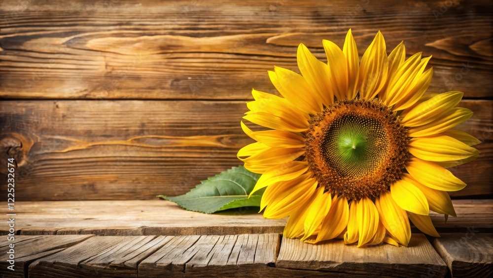 Obraz premium A bright yellow sunflower stem with large petals leaning on a rustic wooden board, against a warm and cozy background , wooden boards, natural textures
