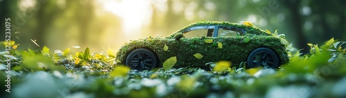 Sustainable eco car made from moss and plants, lush green landscape background, detailed leaf textures, environmental innovation, highdefinition, ultrarealistic photo