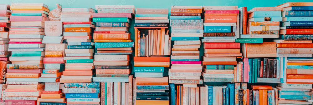 A wall of colorful books stacked in various heights creating an aesthetically pleasing arrangement A wall of colorful books stacked in various heights creating an aesthetically pleasing arrangement