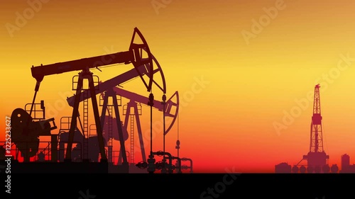 Wallpaper Mural Pump jack. Land crude oil drilling rig, derrick. Oil field, pumpjack. Looped animation. Background sunset sky. Gas. Onshore production, industry business. Silhouette, horizon desert. Seamless loop Torontodigital.ca