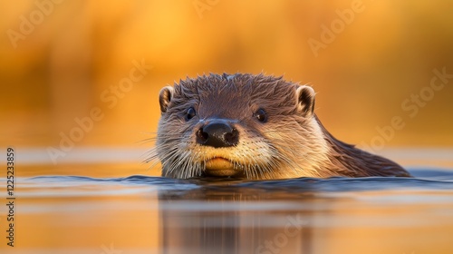 Playful otter swimming in a serene lake at sunset, surrounded by golden reflections and nature photo