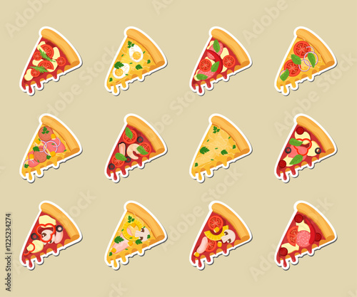Stickers. Vector Pizza Slices Set. Cartoon Pizza Slice Illustrations