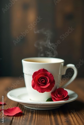 Close-up, coffee cup, rosetta design, wood backdrop , light, still life, dark photo