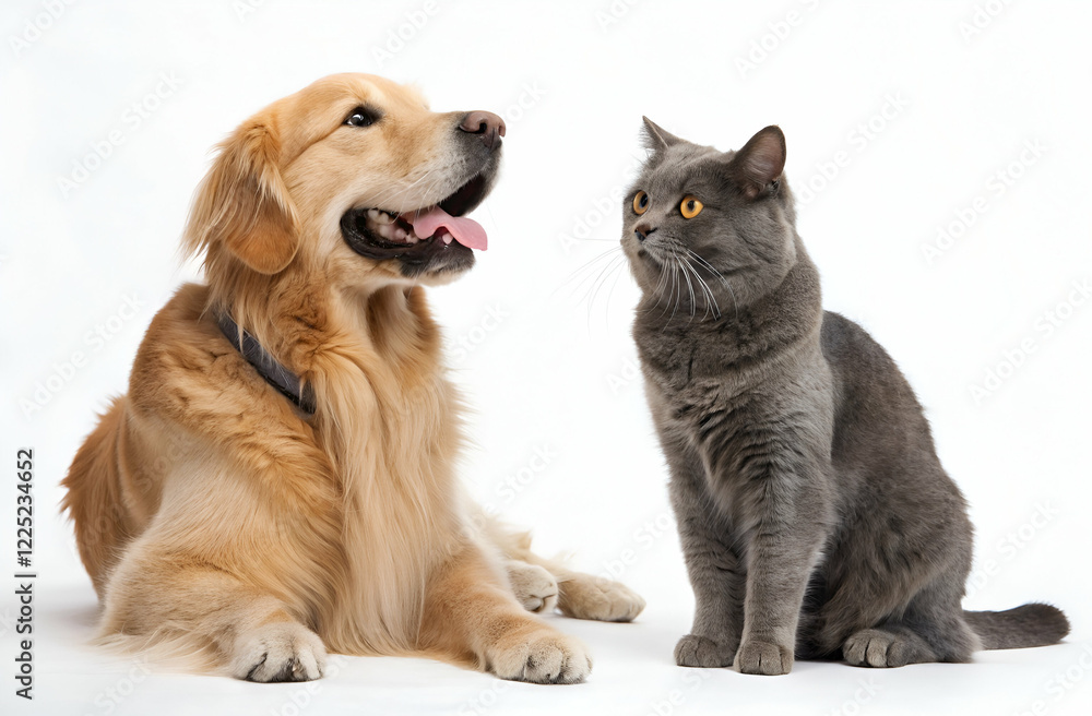 A golden retriever and a gray cat sit together on a white background, showcasing a friendly interaction between pets. A golden retriever and a gray cat sit together on a white background, showcasing a friendly interaction between pets.