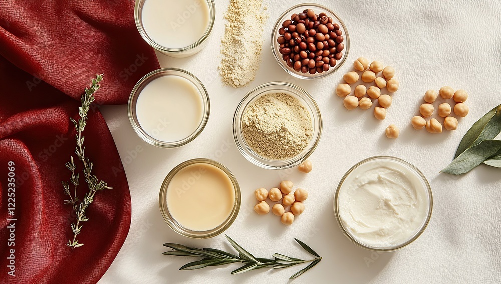 A flat lay of various plant-based silk, showcasing the diversity and variety in soy products such as powder A flat lay of various plant-based silk, showcasing the diversity and variety in soy products such as powder