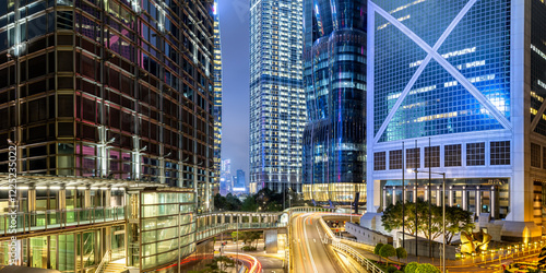 Photography Hong Kong at night traffic with skyscrapers panorama Central District in Hong Ko