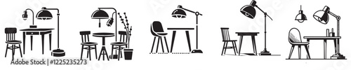 Collection of vector silhouettes of lamps and study tables