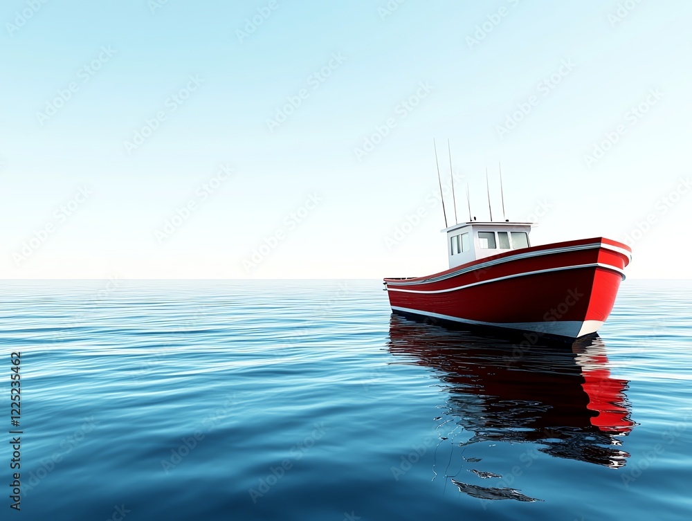Fototapeta premium Small fishing boat, rocking on gentle ocean waves, 3D illustration