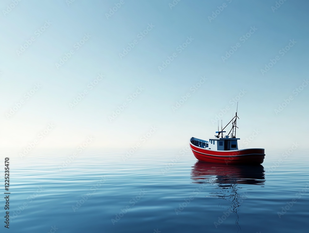 Fototapeta premium Small fishing boat, rocking on gentle ocean waves, 3D illustration