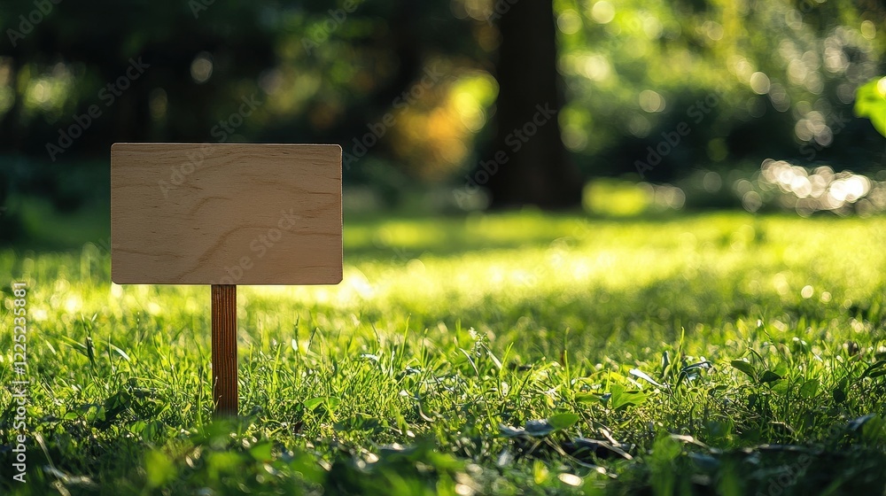 Blank wooden sign in grassy field. Perfect for nature, eco, or real estate marketing.
