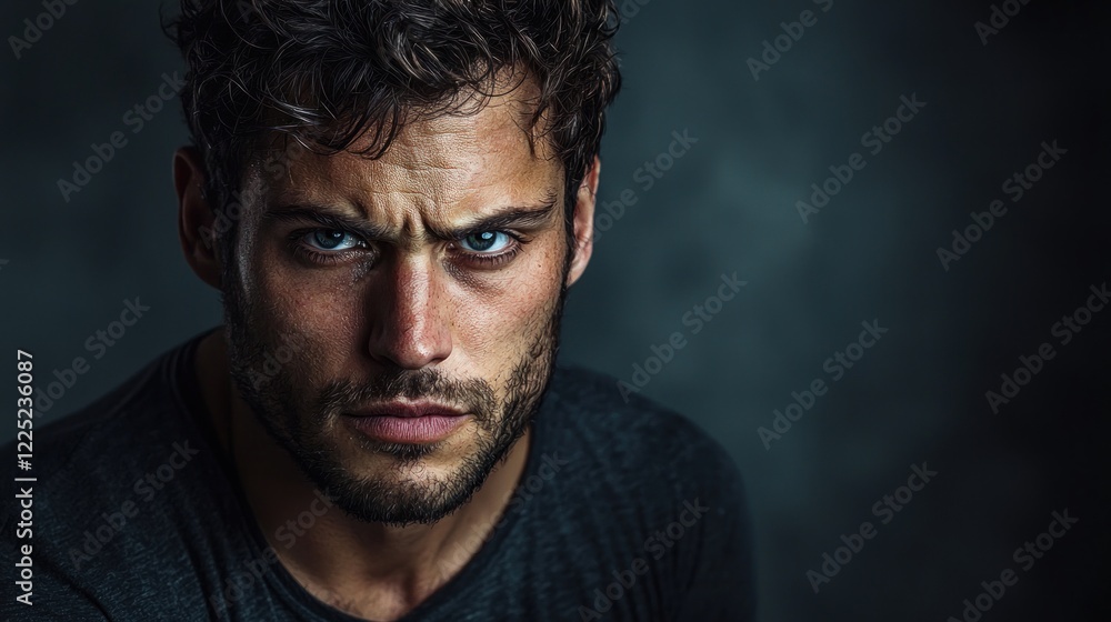 Intense close-up portrait of a serious, brooding man with blue eyes and dark hair. Intense close-up portrait of a serious, brooding man with blue eyes and dark hair.