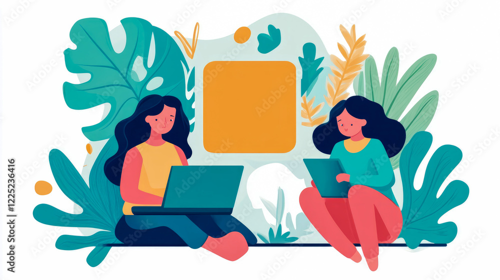 custom made wallpaper toronto digitalWomen Working Remotely Amidst Lush Greenery: A Modern Freelance Illustration