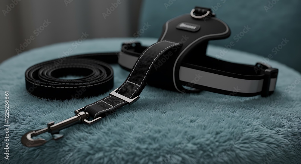 Obraz premium Stylish black nylon dog harness and leash. Durable adjustable reflective pet supplies.