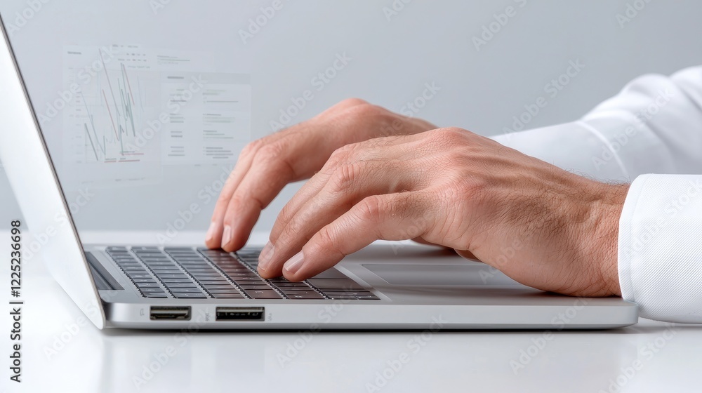 Man typing on laptop, financial data displayed, office background, business use Man typing on laptop, financial data displayed, office background, business use