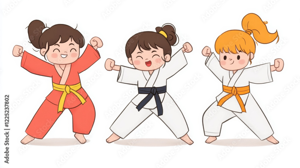 Cute young women in martial arts uniforms celebrating with joy Cute young women in martial arts uniforms celebrating with joy