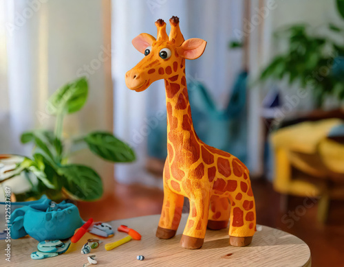 A handmade plasticine giraffe at home a fun cartoon crafting experience in a cozy environment photo