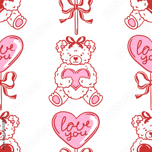 Seamless pink and red pattern featuring hand drawn teddy bear holding heart, lollipop with bow. Perfect for romantic Valentines Day design, wedding. Vector background for wallpaper, textile, wrapping