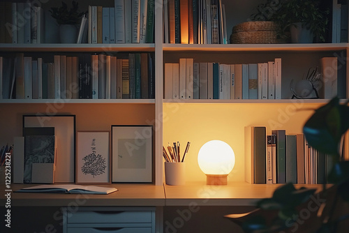 Wallpaper Mural Cozy home office with warm lighting, bookshelves filled with books, and a stylish desk setup Torontodigital.ca