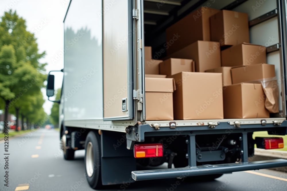 Delivery Truck Loading Area: A Rear View of a Box-Filled Delivery Vehicle in an Urban Setting with Trees and a Paved Road Under Gray Skies Delivery Truck Loading Area: A Rear View of a Box-Filled Delivery Vehicle in an Urban Setting with Trees and a Paved Road Under Gray Skies