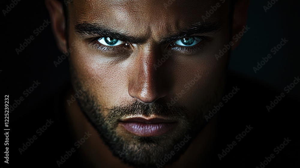 Intense close-up portrait of a man with piercing blue eyes and a serious expression. Intense close-up portrait of a man with piercing blue eyes and a serious expression.
