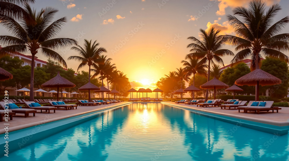 Fototapeta premium Tropical Resort Pool at Sunset with Palm Trees and Lounge Chairs